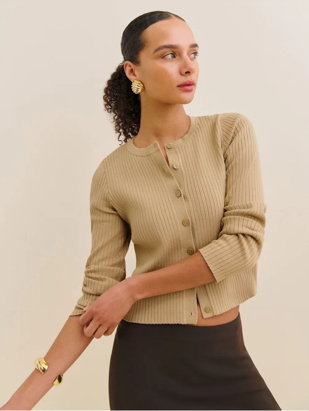 Reformation Joanne Cardigan - Beige Ribbed Button-Up Cardigan